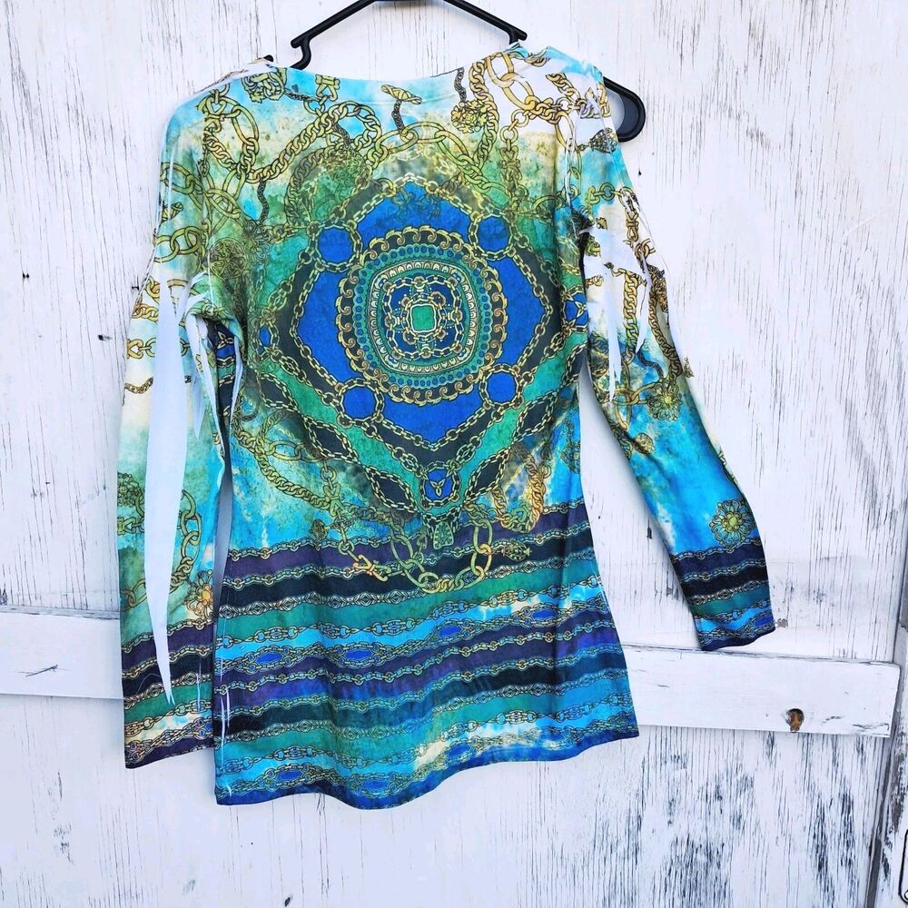 Cache Y2k Xs Blue Chain Pattern Cold Shoulder Fai… - image 2